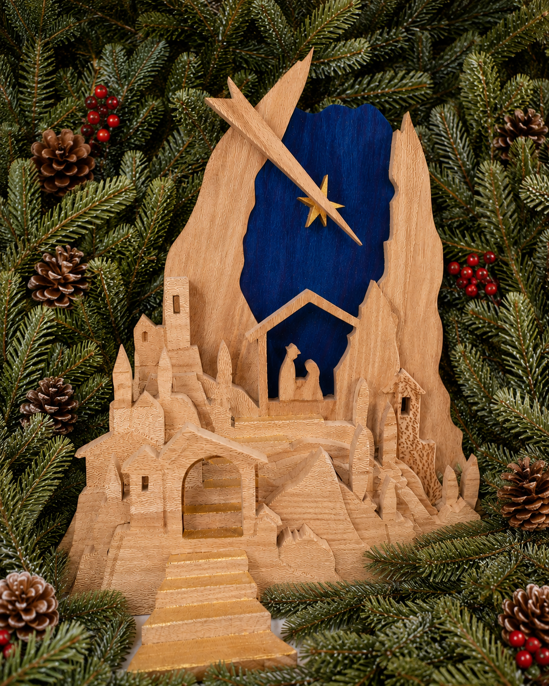 Crèche de Noël moderne multicouche 2D en chêne