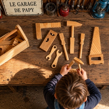 Boîte à outils en bois pour enfant – 7 outils + caisse de transport