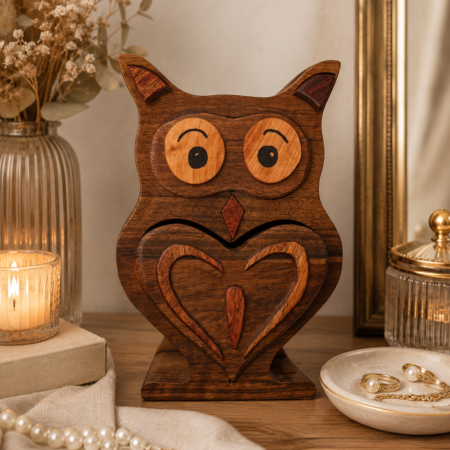 Boîte à bijoux Hibou en merisier et chêne massif – Création artisanale