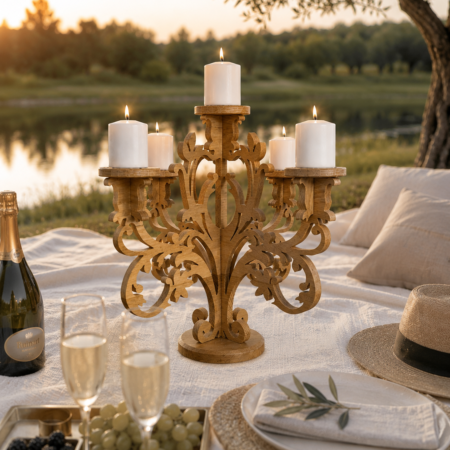 Chandelier 5 branches en chêne recyclé – bougies LED incluses