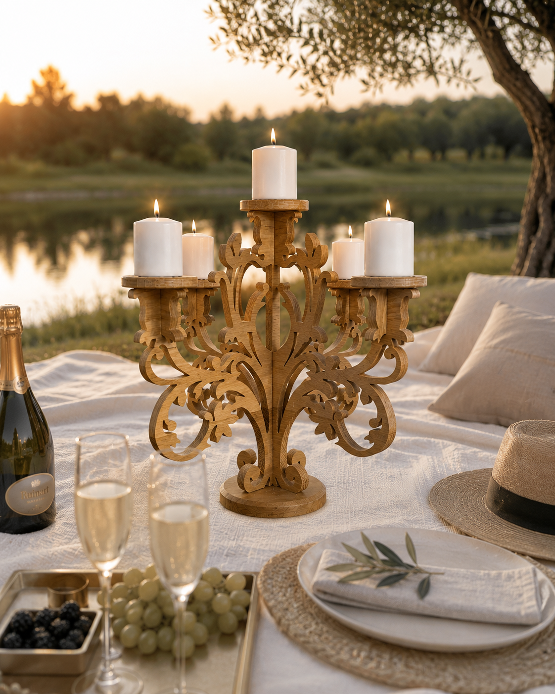 Chandelier 5 branches en chêne recyclé – bougies LED incluses