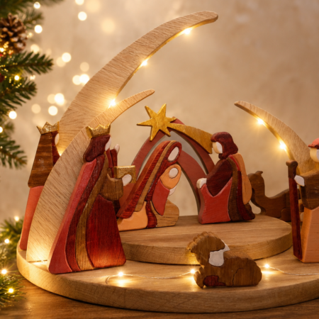 Crèche de Noël moderne en chêne artisanale avec LED USB