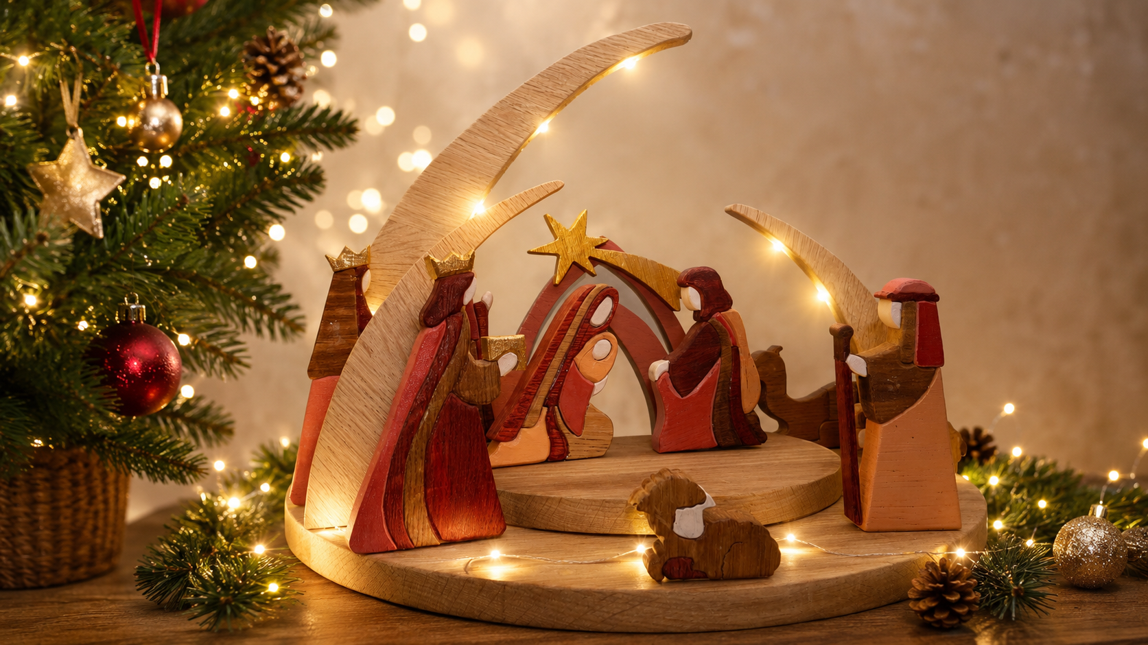 Crèche de Noël moderne en chêne artisanale avec LED USB